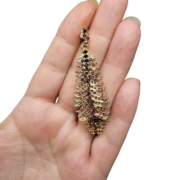 Gold Tone Articulated Maroon Rhinestone Dangle Feather Earrings Pierced Long - Picture 8 of 11